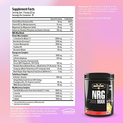 Maxler NRG MAX Pre Workout Powder with Taurine, L Citrulline Malate, Beta Alanine Creatine MaxlerUS supplements
