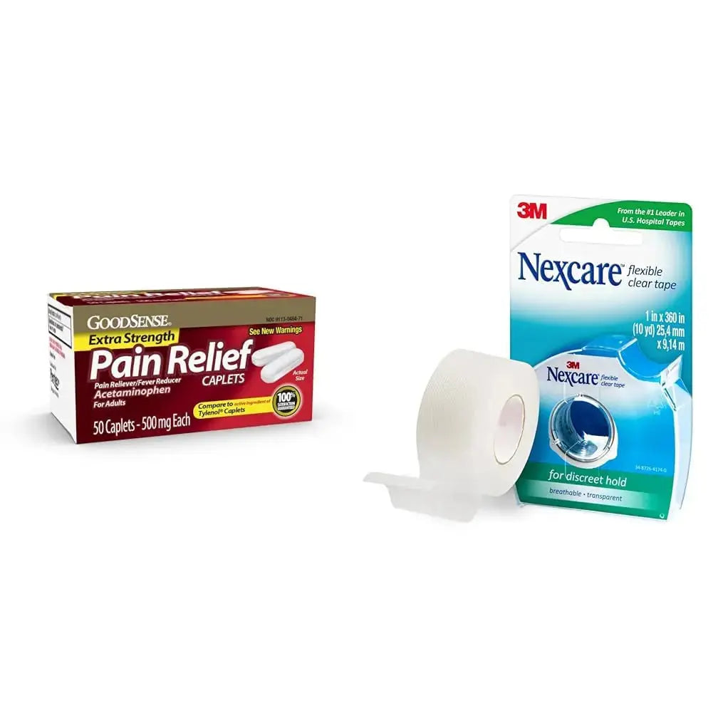 GoodSense Extra Strength 500mg Acetaminophen Caplets 50 Count & Nexcare Flexible Clear 1 Inch x 10 Yard Waterproof Transparent Tape 1 Roll GoodSenseAu supplements