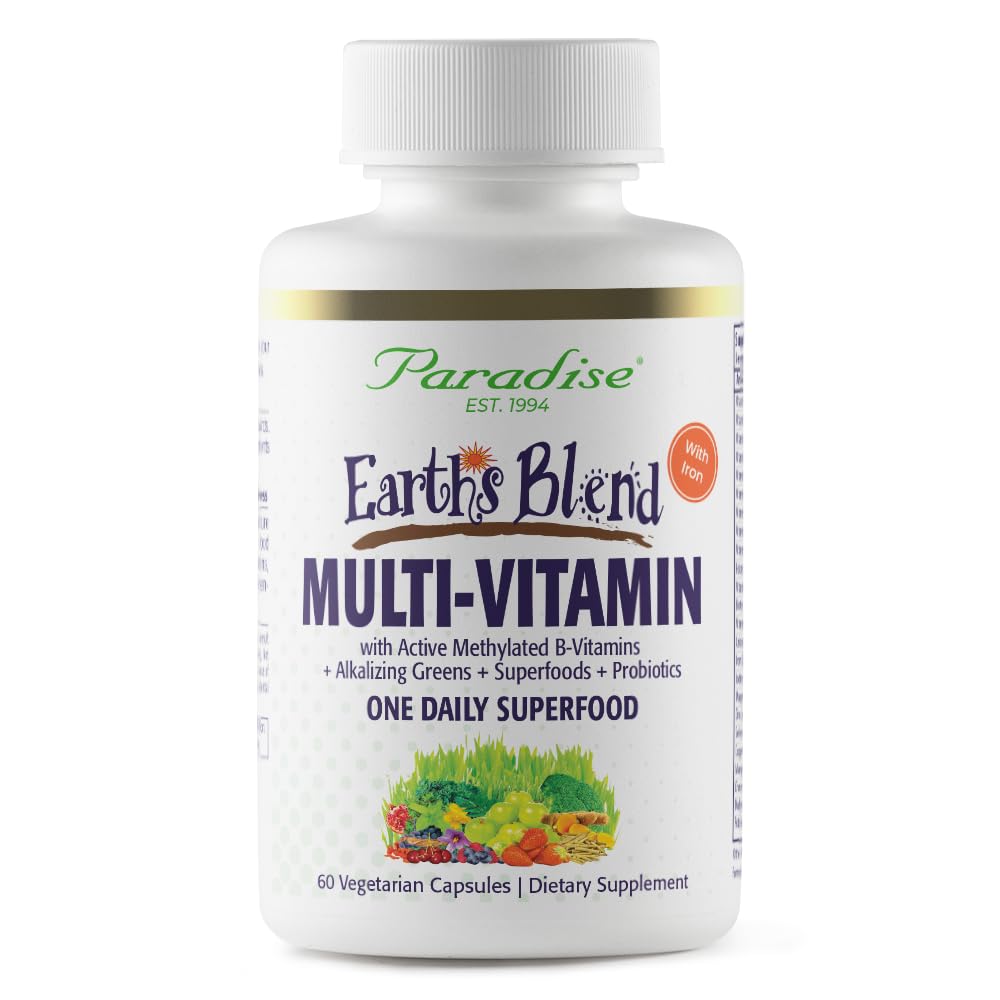 Paradise Herbs Earth's Blend Once Daily Multivitamin with Iron, 48 Organic Superfoods, Probiotics, Antioxidants, Vitamins A, B12, C, D, K2, 60 Capsules Paradise HerbsAu supplements