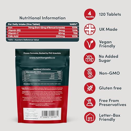 Iron Tablets High Strength Tablets with Vitamin C, B12 & Folic Acid - 120 Vegan Supplement Nutrition GeeksUS supplements