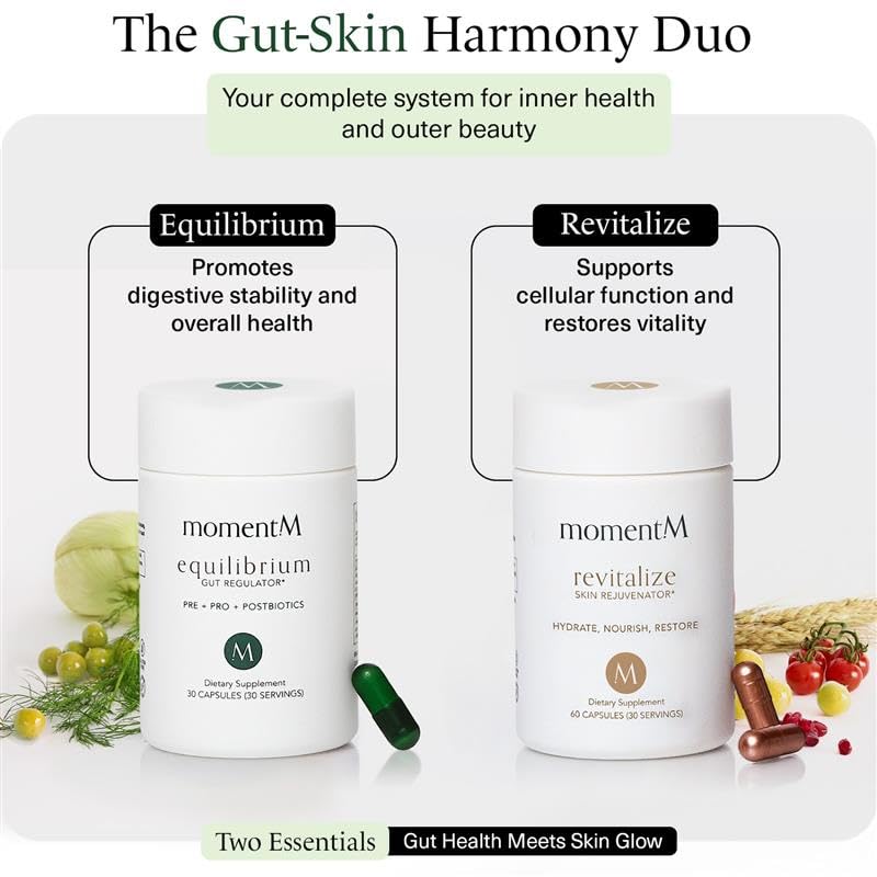 momentM Equilibrium 3-in-1 Probiotics for Women & Men Digestive Health, Prebiotics and Probiotics for Women with HOWARU Strains, Postbiotics & Fennel for Bloat & Gut Health,12.5B CFU, 30 Capsules momentMAu supplements