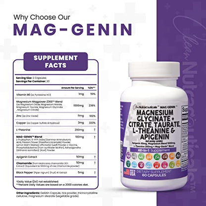 Magnesium Glycinate Complex 1000mg with L-Theanine 200mg Apigenin 50mg Citrate Taurate Supplement - 5-HTP GABA Passion Flower Lemon Balm L-Glycine Phosphatidylserine Ashwagandha - USA Made Clean Nutra Clean NutraceuticalsUS supplements