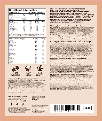 SimplyGo Whey Protein Powder | 900g | Simply Add 30g to Water, Juice or Shakes (Cookie Dough) Simply SupplementsUS supplements