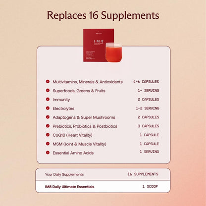 IM8 Daily Ultimate Essentials All-in-One Multivitamin Supplement, 92 Nutrient Rich Ingredients CoQ10, Probiotics, Vitamins, Greens, Gluten Free, Vegan, IM8US supplements
