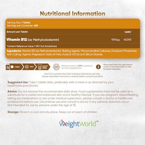 Vitamin B12 Tablets High Strength – 1000mcg Vegan B12 Supplement – 450 Pure Methylcob WeightWorldUS supplements