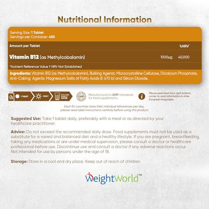 Vitamin B12 Tablets High Strength – 1000mcg Vegan B12 Supplement – 450 Pure Methylcob WeightWorldUS supplements
