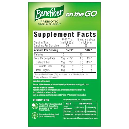 Benefiber On The Go Prebiotic Fiber Supplement Powder for Digestive Health, Daily Fiber, Unflavored - 28 Sticks (3.92 Ounces) BenefiberUS supplements