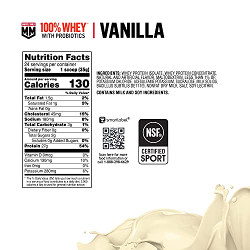 Muscle Milk 100% Whey With Probiotics Protein Powder, Vanilla, 1.85 Pound, 23 Servings Muscle MilkUS supplements