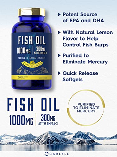 Fish Oil 1000mg | 300mg Omega 3 | 250 Count | Non-GMO and Gluten Free Supplement CarlyleAu supplements