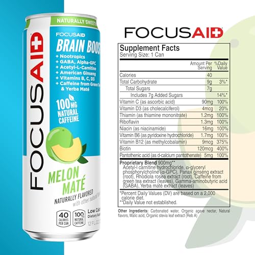 FOCUSAID Energy Blend, Brain Boosting Nootropics Drink, Alpha-GPC, GABA, B-Complex, Yerba Mate, Green Tea, 100% Clean, 100mg Natural Caffeine, 12-oz. can, 12 Pack LIFEAIDAu supplements