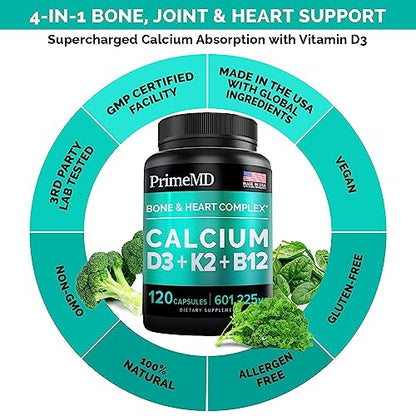 Calcium 600mg, Vitamin D3 K2 B12 Supplement - For Heart, Bone & Immune Support PrimeMDUS supplements