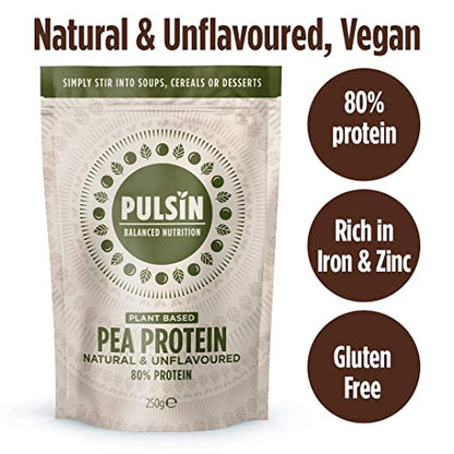 Pulsin - Unflavoured Vegan Pea Protein Powder - 250g - 8.0g Protein, 0g Carbs, 41 Kcals Per Serving PulsinUS supplements