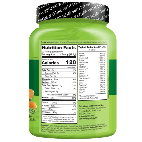NATURELO Plant Protein Powder, Vanilla, 22g Protein - Non-GMO, 20 Ser NATURELOUS supplements