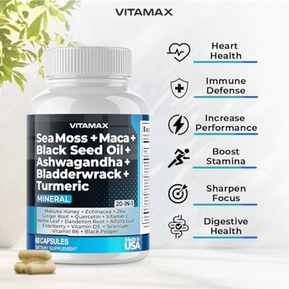 Sea Moss 3000mg Maca 1000mg Black Seed Oil 2000mg Ashwagandha 1000mg Bladderw VitamaxUS supplements