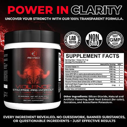VIOLENCE Stim Free Pre Workout Powder by REVSCI, Precision Dosed Non Stim Preworkout Revolution ScienceUS supplements