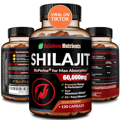 Pure Himalayan Shilajit Capsules Supplement (60,000mg+ Absorption Enhancer+50% Rainbow Nutrients, LLCUS supplements