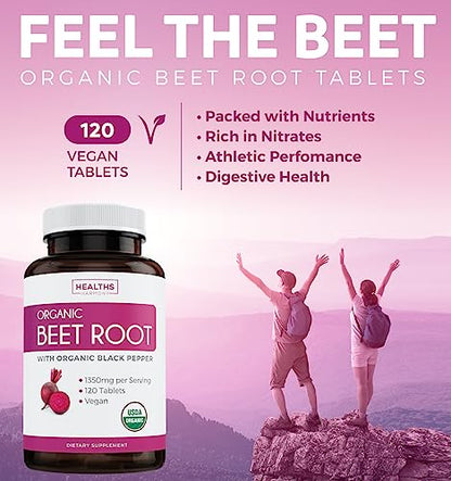 USDA Organic Beet Root Powder (120 Tablets) 1350mg Beets Per Serving with Black Pepper Healths HarmonyUS supplements