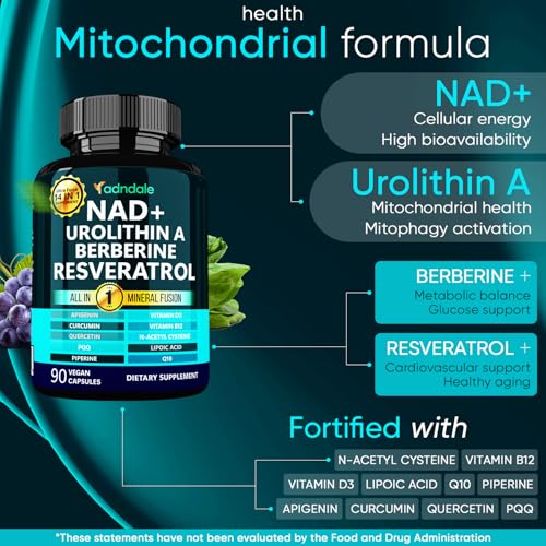 Adndale NAD Supplement. Longevity Formula with Liposomal NAD+, Trans Resveratrol, Urolithin-A, Berberine, CoQ10. NMN Supplement Alternative. 90 Count AdndaleAu supplements