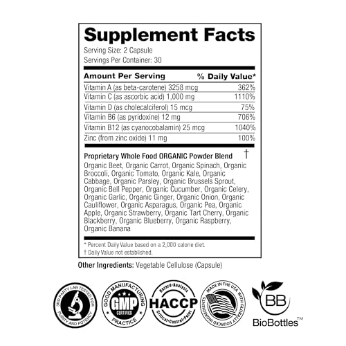 FeelGood Superfoods 1000mg Immune Support Capsules Made with 25 Organic Fruits and Vegetables, Strong Immunity Boosters with Vitamins A, C, D3, and Zinc, 60 Count FeelGood SuperfoodsAu supplements