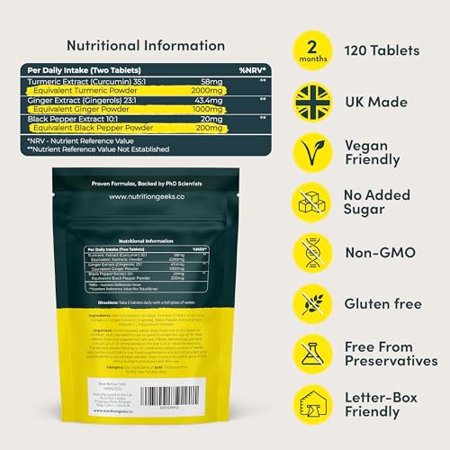 Nutrition Geeks Turmeric Tablets 2000 mg with Black Pepper & Ginger, High Strength Nutrition GeeksUS supplements