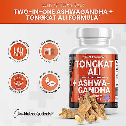 Clean Nutraceuticals Tongkat Ali 300,000mg and Ashwagandha 100,000mg Clean NutraceuticalsUS supplements