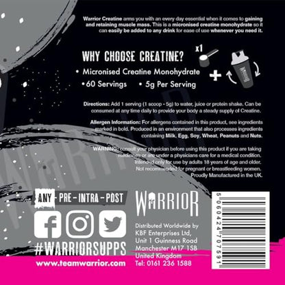 Warrior Creatine Monohydrate Powder – 300g – Micronised for Easy Mixing and Consumpti WarriorUS supplements
