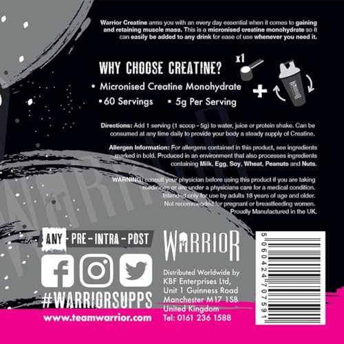 Warrior Creatine Monohydrate Powder – 300g – Micronised for Easy Mixing and Consumpti WarriorUS supplements