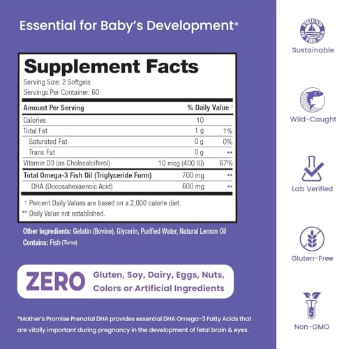 Prenatal DHA for Women 600mg + 400 IU Vitamin D3 | 120 Softgels | Supports Brain Health | Triglyceride Omega 3 Fish Oil DHA Prenatal Vitamins for Pregnancy & Nursing | 300mg per Capsule Mother's PromiseAu supplements