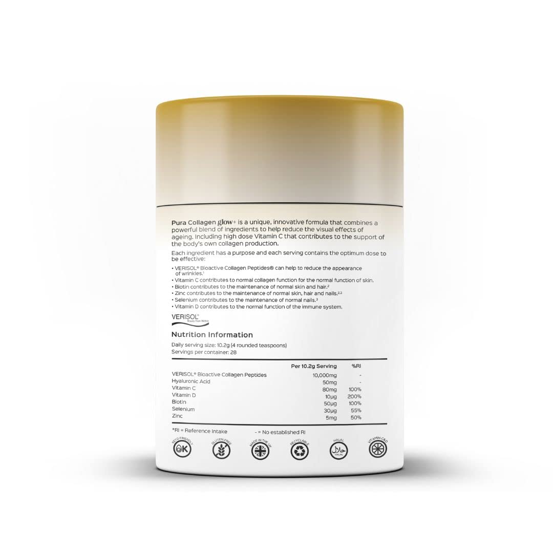Pura Collagen Powdered Supplement Glow+, 10,000mg Hydrolysed Peptides, Hyaluronic Acid, Vitamins & Minerals, 28 Servings, 284 g Pura CollagenAu supplements