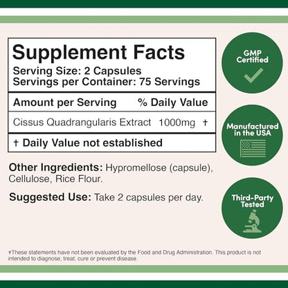 Cissus Quadrangularis Super Extract, 150 Capsules, Manufactured in The USA, Dietary Double Wood SupplementsUS supplements