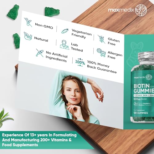 Biotin Gummies 5000mcg - with Vitamin A, B, C, D, E & Selenium – 120 Hair Nails and Skin maxmedixUS supplements