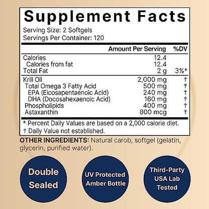 Antarctic Krill Oil 2000mg Supplement, 240 Softgels, 3X Strength Natural Source of Omega NatureBellUS supplements