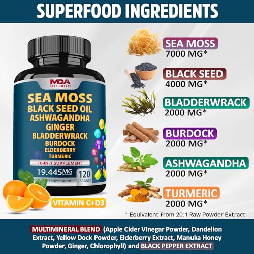 Sea Moss Black Seed Oil Ashwagandha Ginger - Multimineral Sea Moss Capsules MDA SupplementsUS supplements