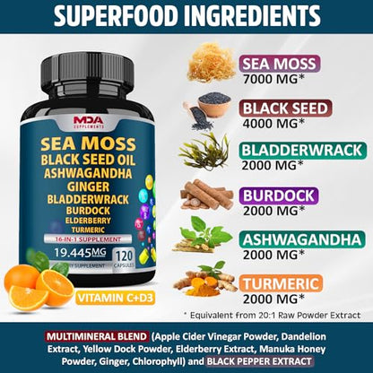 Sea Moss Black Seed Oil Ashwagandha Ginger - Multimineral Sea Moss Capsules MDA SupplementsUS supplements