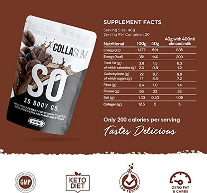 CollaSlim, Meal Replacement Shake with Added Collagen, Vitamins and Minerals, 800g, Balanced Meal Shake, Healthy Shake, Coffee Diet Shake. So Body CoUS supplements
