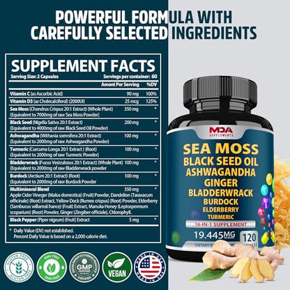 Sea Moss Black Seed Oil Ashwagandha Ginger - Multimineral Sea Moss Capsules MDA SupplementsUS supplements