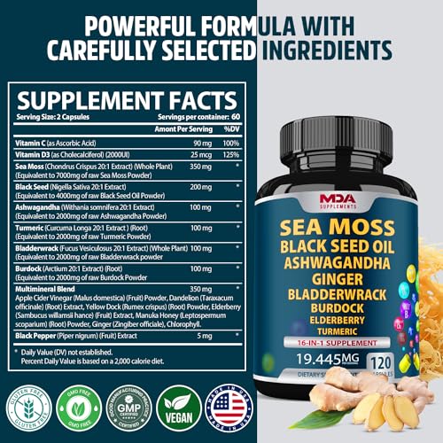Sea Moss Black Seed Oil Ashwagandha Ginger - Multimineral Sea Moss Capsules MDA SupplementsUS supplements