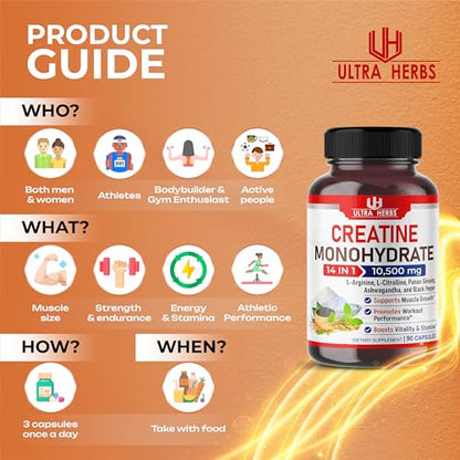 Ultra Creatine Pills Muscle Growth 9800mg Creatine Monohydrate Capsules w Ginseng ULTRA HERBSUS supplements