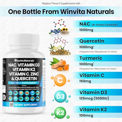 NAC Supplement N-Acetyl Cysteine 1000mg Vitamin C Vitamin D3 K2, Zinc, Turmeric Curcumin Winvita NaturalsUS supplements