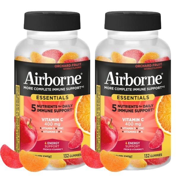 Airborne 400mg Vitamin C Gummies for Adults & Children, Immune Essentials Daily Immune Support Supplement with Vitamins C & E - Orchard Fruit Flavor, 132 Gummies (Pack of 2) AirborneAu supplements