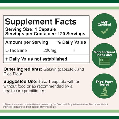 L-Theanine Supplement 200mg, 120 Capsules (Soy Free, Gluten Free, Non-GMO Double Wood SupplementsUS supplements