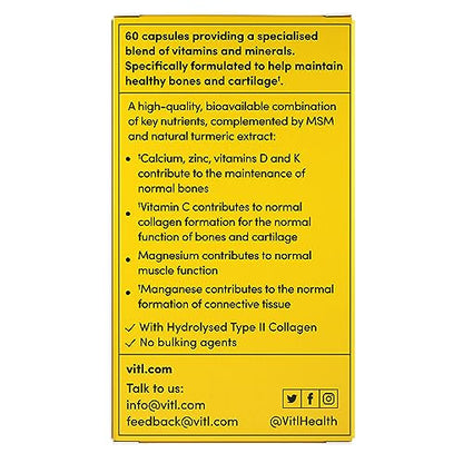 Vitl Bone & Joint Supplement - 60 Capsules - with Calcium, Manganese, Hydrolysed Type II Collagen & Turmeric - Maintenance for Joints, Bones VITLUS supplements