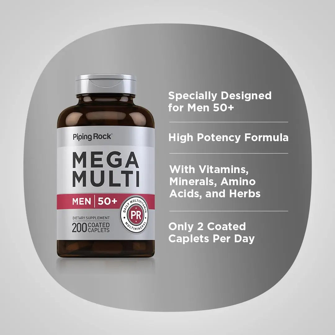 Piping Rock Multivitamin for Men Over 50+ | 200 Caplets | Mega 50 Plus Daily Multimineral | with Magnesium, Calcium, Zinc | Piping RockAu supplements