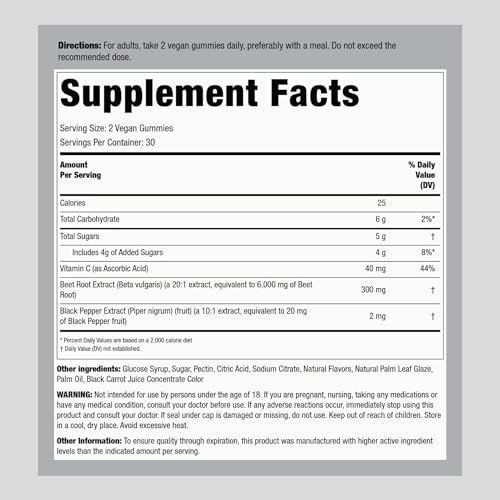 Beet Root Gummies | 60 Count | with Nitrates and Black Pepper Extract | Nitric Oxide Piping RockAu supplements