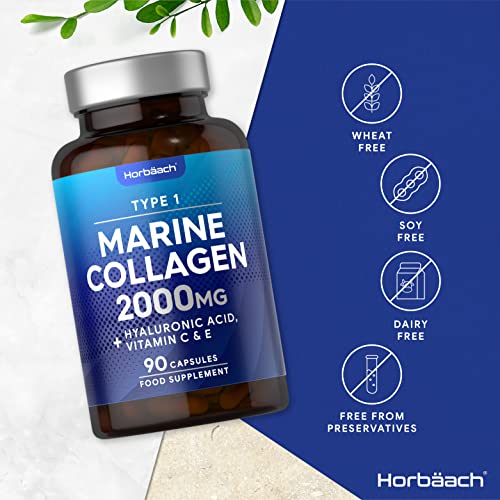 Marine Collagen Capsules | with Hyaluronic Acid, Vitamin C & E | 2000mg | High Strength Type 1 Collagen HorbäachAu supplements