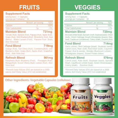 VBTOP Fruit & Vegetable Supplement - Natural Ingredients - 2 Bottles - 180 Capsules Total | A Blend of 20+19 Natural Whole Fruits & Vegetables, a Fresh superfood Formula Rich in Vitamins and Minerals VBTOPAu supplements