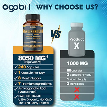 240 Capsules - 8 Month Supply - 7in1 Ashwagandha 8050mg - Combined With Fenugreek agobiUS supplements
