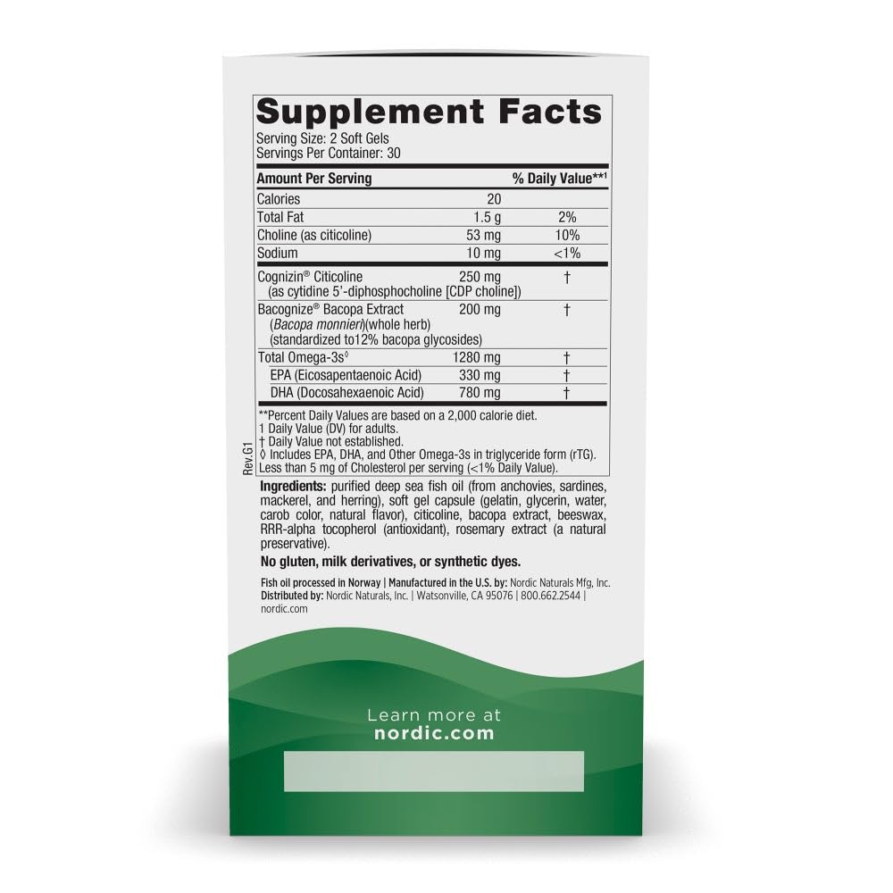 Nordic Naturals Omega Focus, Lemon - 60 Soft Gels - 1280 mg Omega-3 + Citicoline & Bacopa Monnieri Extract - Focus, Attention, Memory, Brain Health - Non-GMO - 30 Servings Nordic NaturalsAu supplements