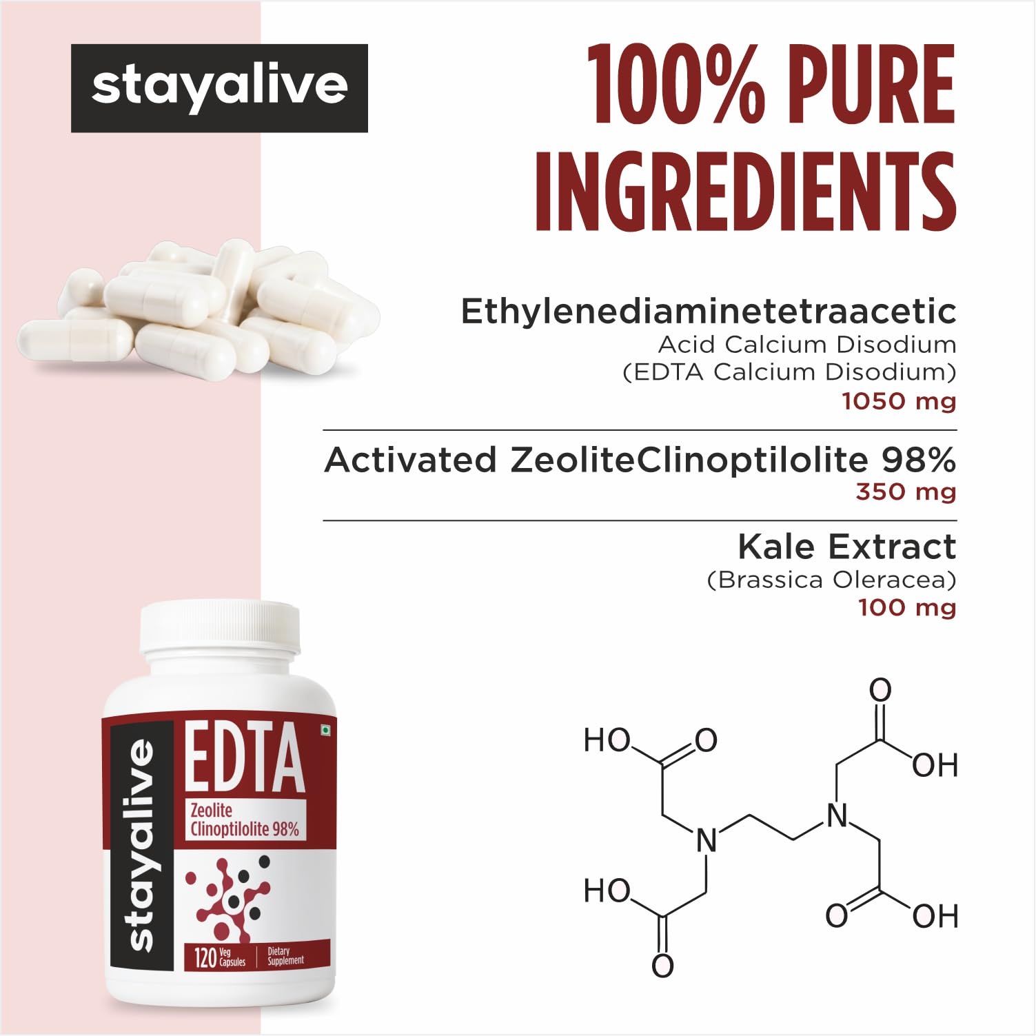 STAY ALIVE EDTA Capsules 1500mg with Zeolite 98% and Kale Extract Powder, 120 Pills, Non-GMO & Gluten Free Calcium Disodium EDTA Supplement STAY ALIVEAu supplements