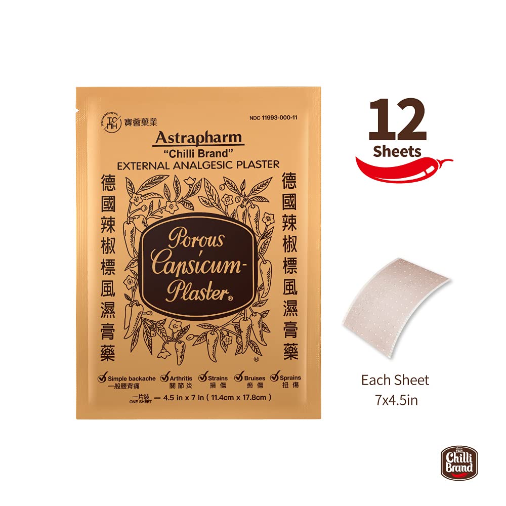 Chilli Brand Large Size Plaster Porous Capsicum Heat Patch for Arthritis & Back Muscle Knee Gout Neck Pain - Extra Strength Pain Relief Plaster, 7" x 4.5" (Size: L, 12 Sheets) POROUS-CAPSICUM-PLASTERAu supplements